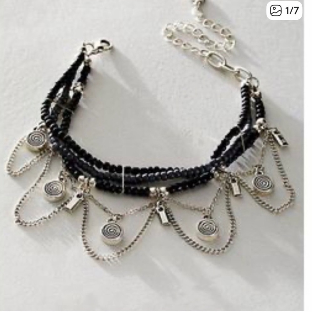 Free People Black Beaded Multi-Strand Bracelet with Silver Dangles - Picture 1 of 4